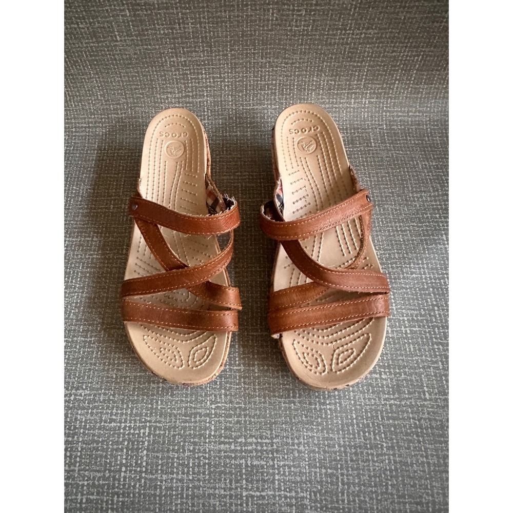 Crocs Leigh Cork Brown Wedge Sandals Leather Straps 11847 Womens 9